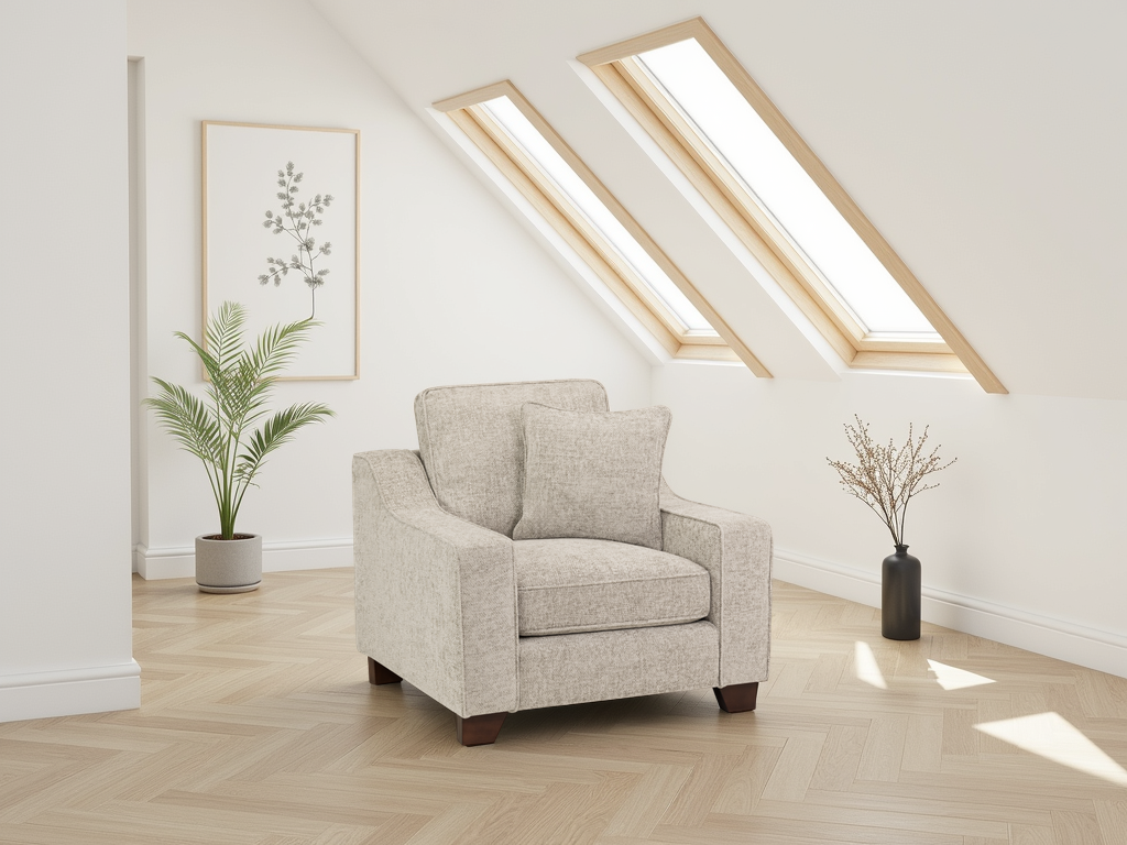Beige armchair in a room with skylights and decorative plants.