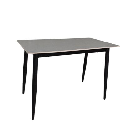 Rectangular table with black legs and a light gray top on a white background