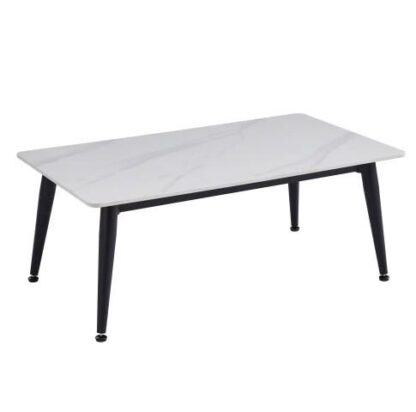 A rectangular coffee table with a white marble-patterned top and four black tapered metal legs, shown against a plain white background.