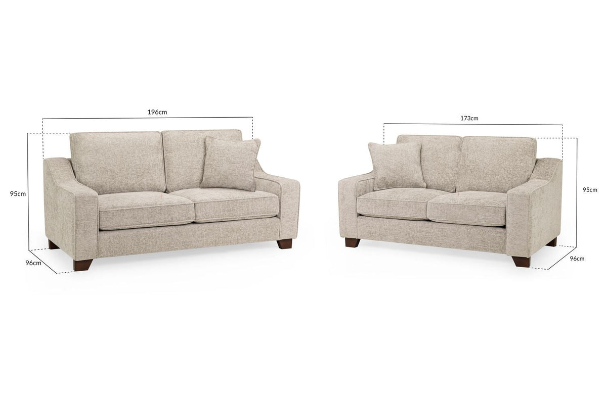 Two beige sofas with dimensions labeled on a white background