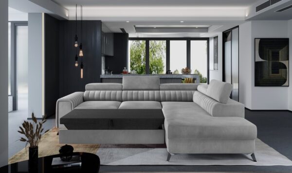 A modern sectional sofa in light grey and dark grey, shown in a contemporary living room setting.