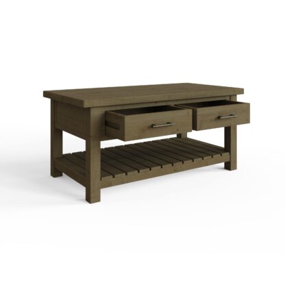 A rustic brown wooden coffee table with two partially open drawers and a slatted lower shelf, shown on a plain white background.