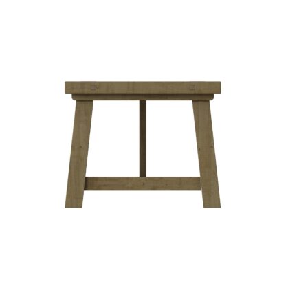 A rustic wooden stool with a thick rectangular seat and four angled legs connected by a front support bar, shown against a plain white background.