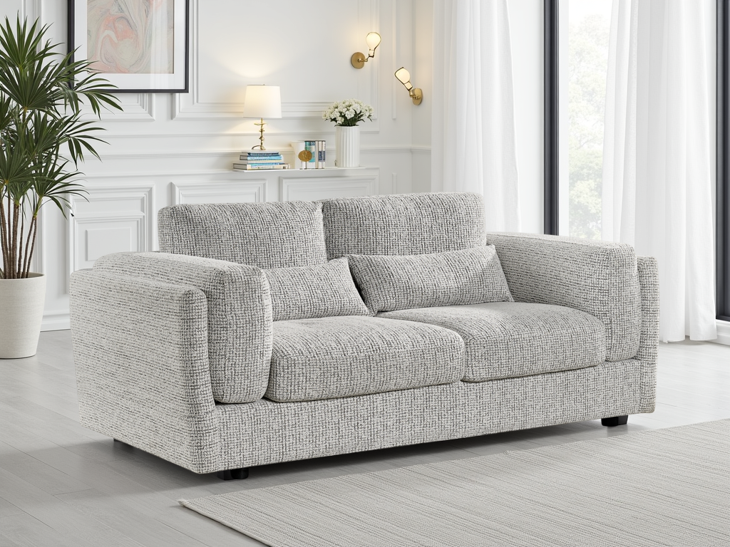 Gray sofa in a living room with decor elements.