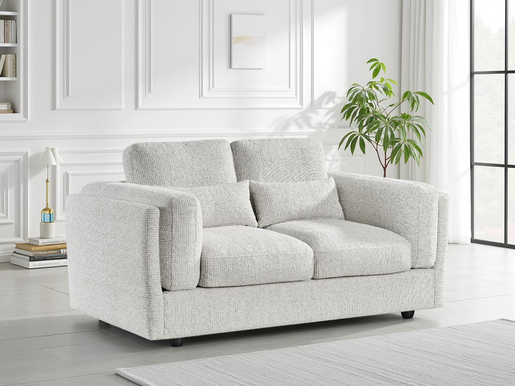 Beige sofa in a modern living room with a plant and books.