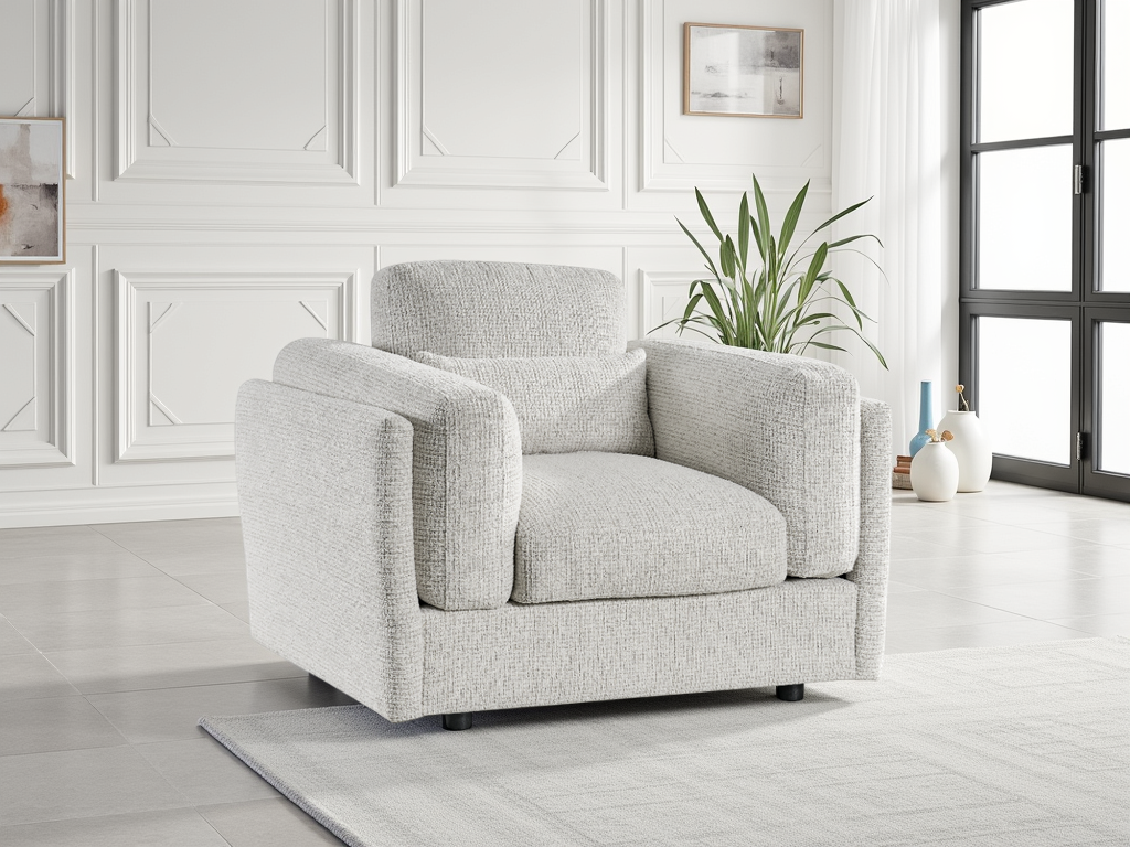 Beige armchair in a bright room with white walls and a plant.