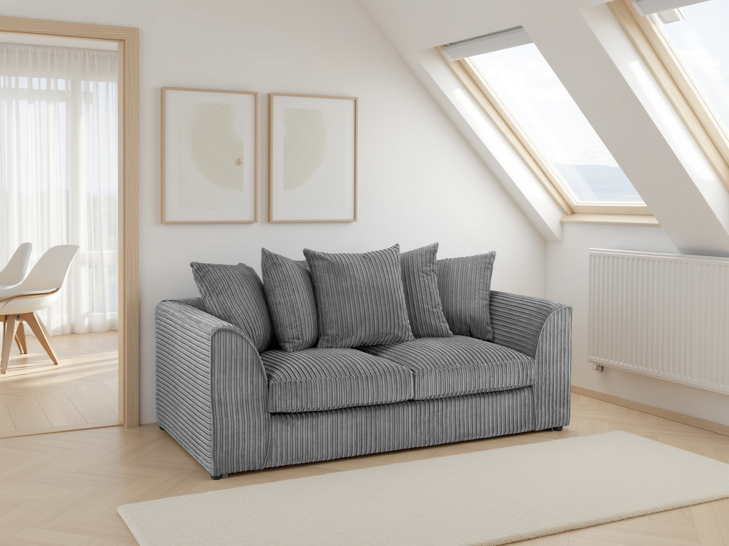Gray sofa in a modern living room with skylights and minimal decor.