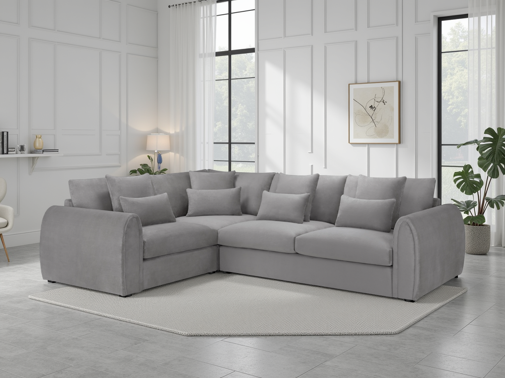 Gray sectional sofa in a modern living room with large windows and decorative elements.