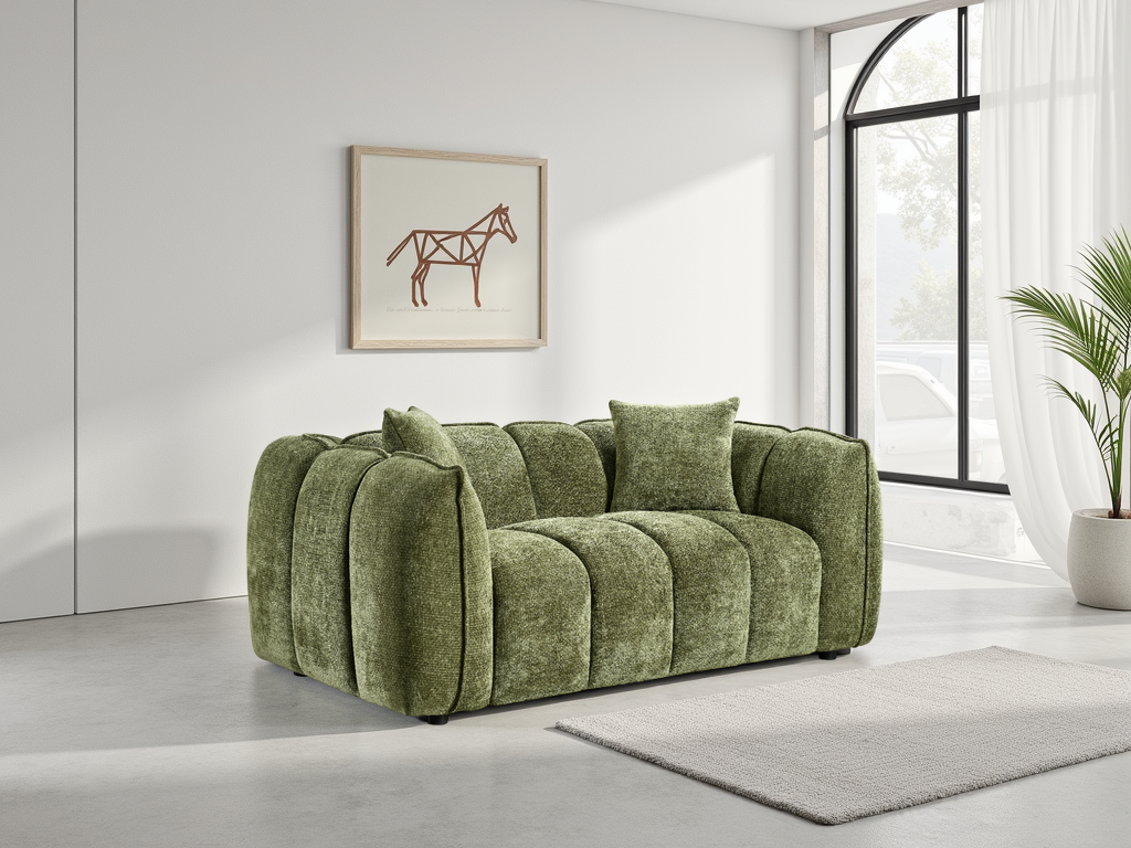 Green sofa in a modern living room with a horse painting on the wall.