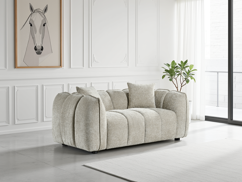 Gray sofa in a modern living room with white walls and a plant.