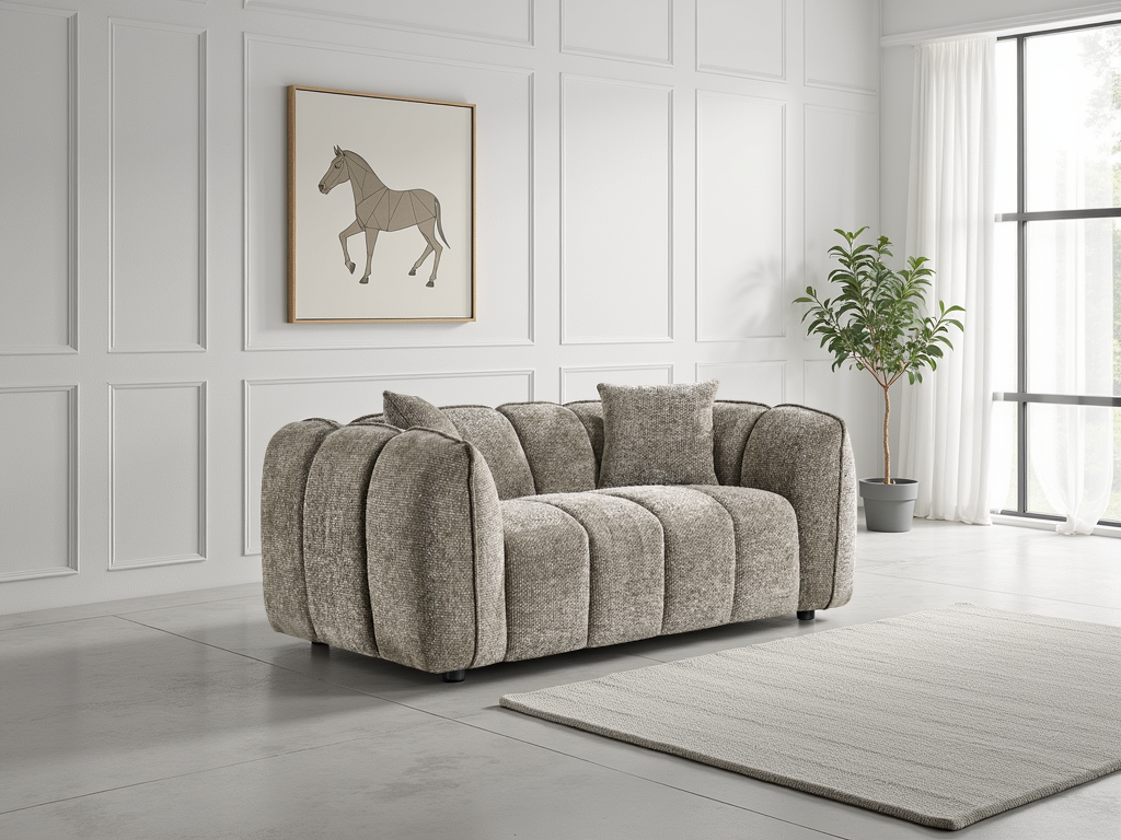 Beige sofa in a room with white paneled walls, a horse painting, and a plant.