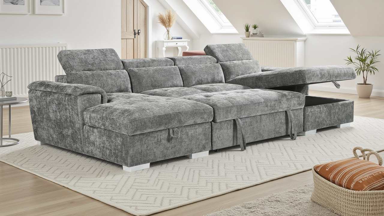 Gray sectional sofa with storage drawers in a living room setting.