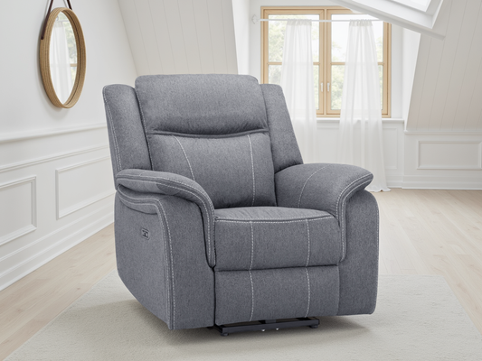 Gray recliner chair in a room with a window and mirror.