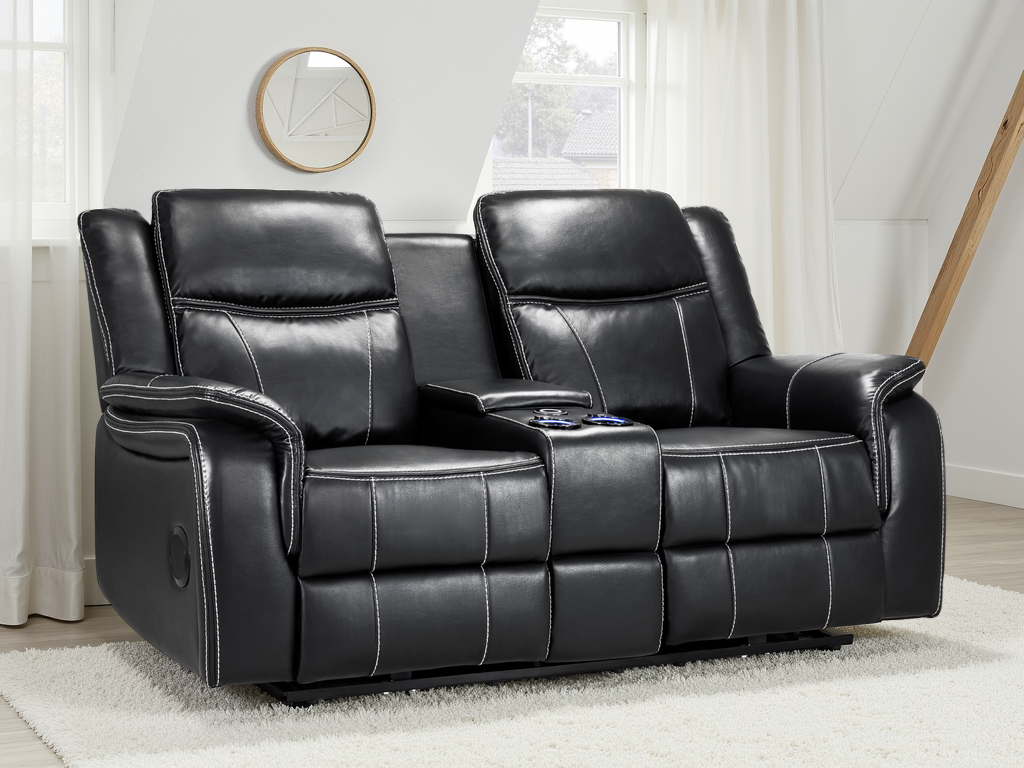 Black leather recliner sofa in a living room setting with a mirror and window in the background.