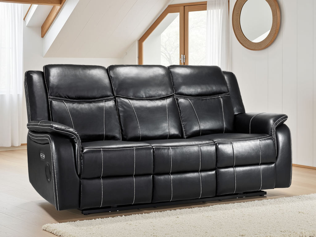 Black leather sofa in a living room setting with wooden floor and white walls.