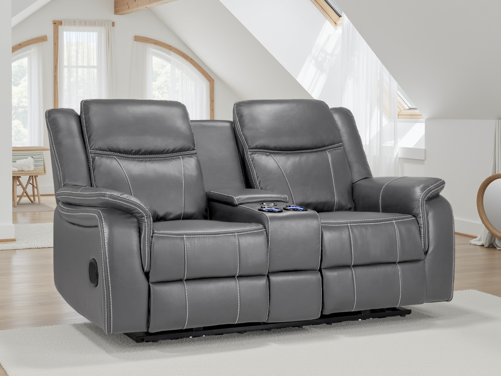 Gray leather recliner sofa in a modern living room setting