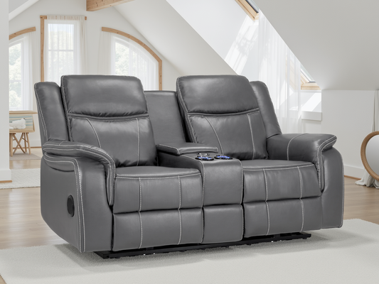Gray leather recliner sofa in a modern living room setting