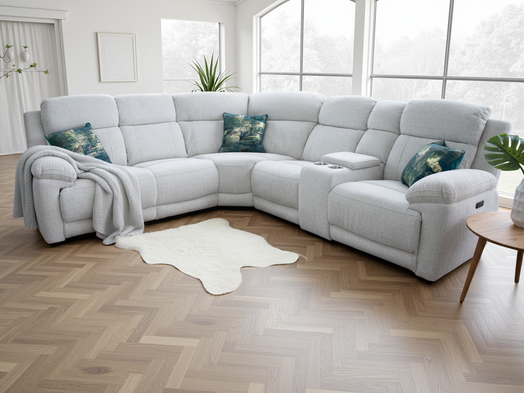 beige sectional sofa with cushions in a living room setting