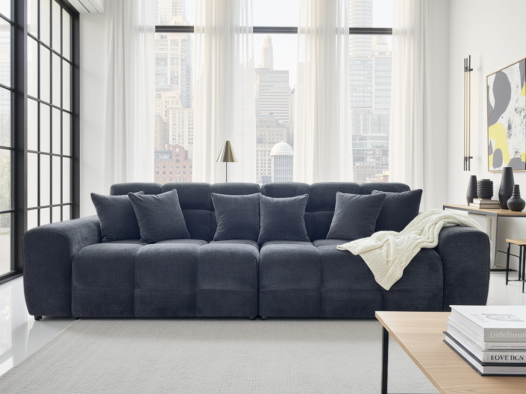 Black sectional sofa in a modern living room with large windows.