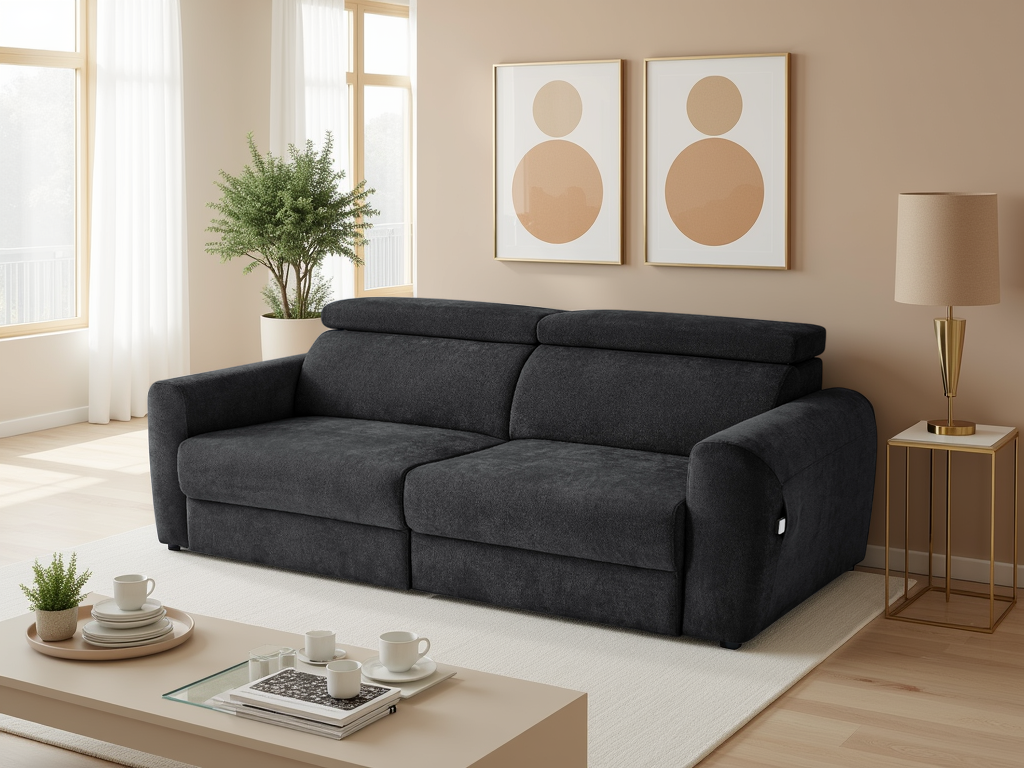 Black sofa in a living room with a coffee table, lamp, and decorative items.