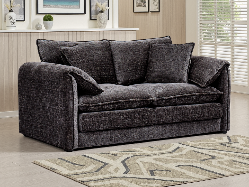 Black sofa in a living room setting with decor elements.