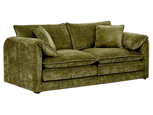 Green sofa with cushions on a white background
