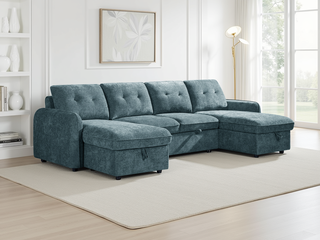 Blue sectional sofa in a living room with white walls and a rug.