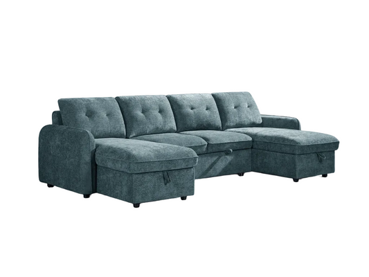 A three-seater sofa upholstered blue fabric,  plain white background.
