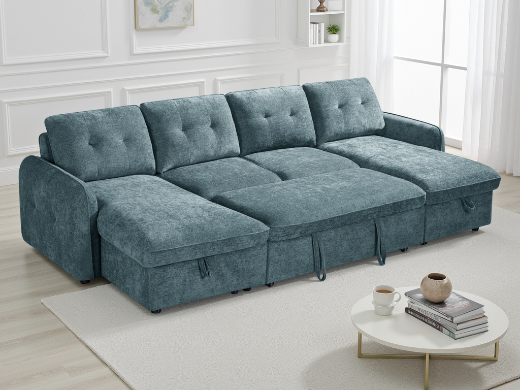 Blue sectional sofa in a living room setting with a coffee table and books.