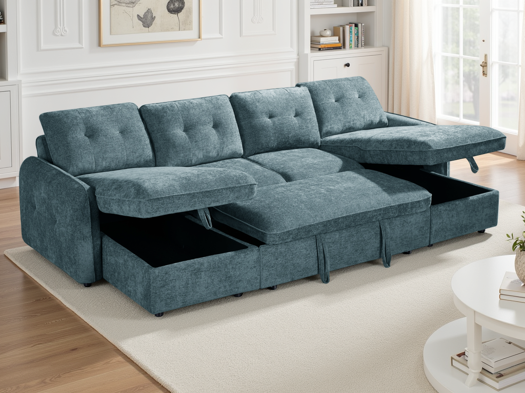 Blue sectional sofa with storage drawers in a living room setting