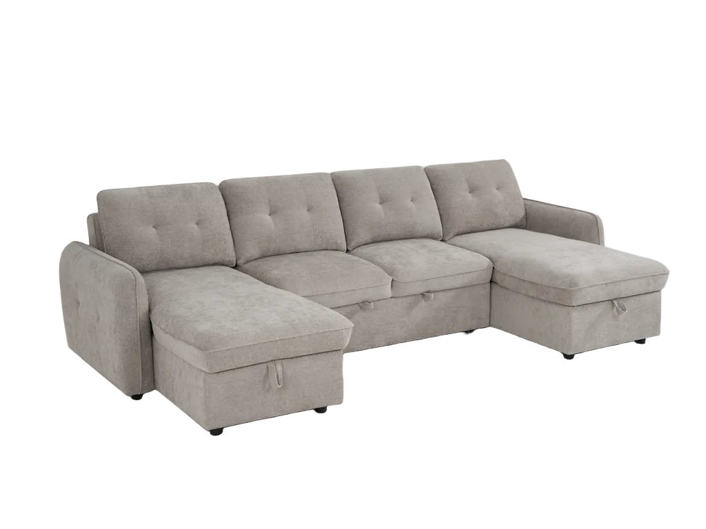 A light gray fabric sectional sofa with a chaise lounge on the left and a right ottoman-style extension, shown on a plain white background.