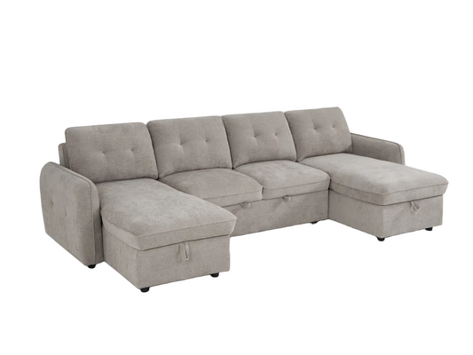 A light gray fabric sectional sofa with a chaise lounge on the left and a right ottoman-style extension, shown on a plain white background.