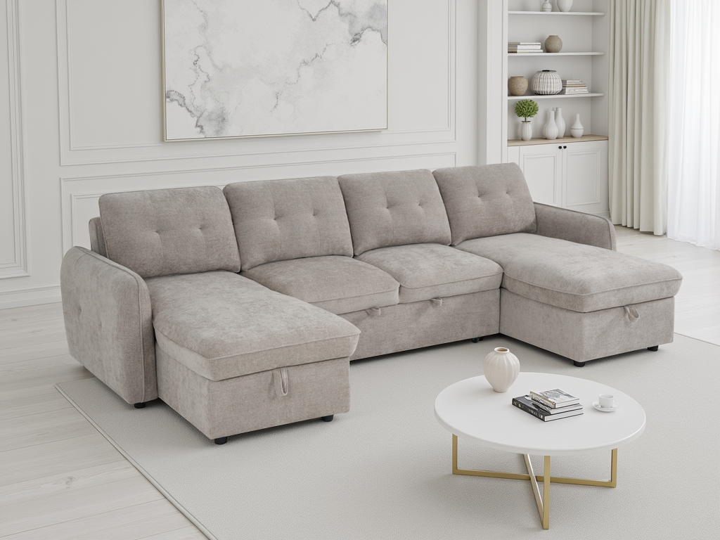 Beige sectional sofa in a modern living room with a coffee table and decor items.