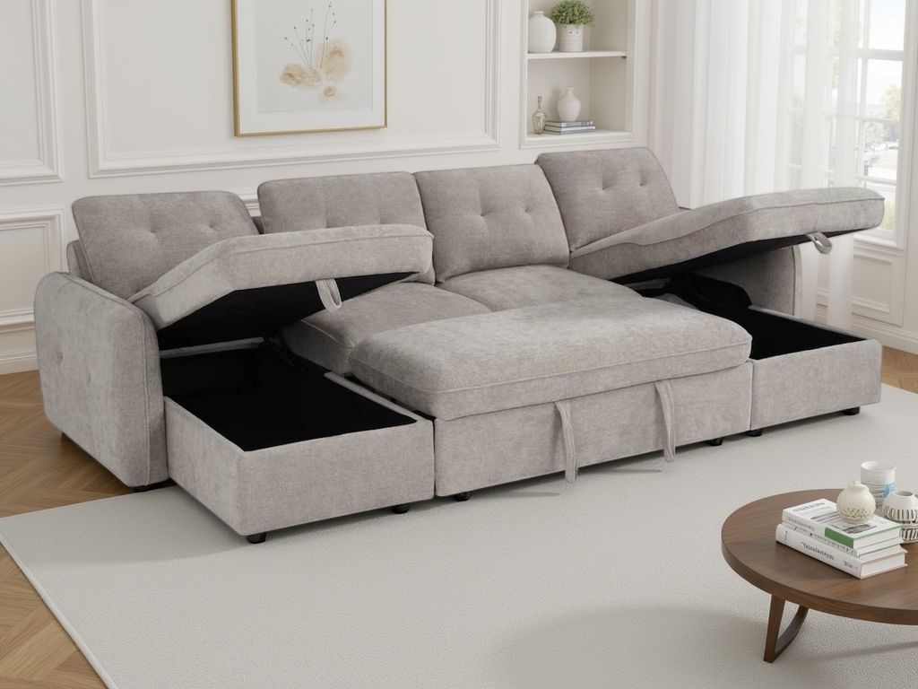 Beige sectional sofa with storage drawers in a living room setting.
