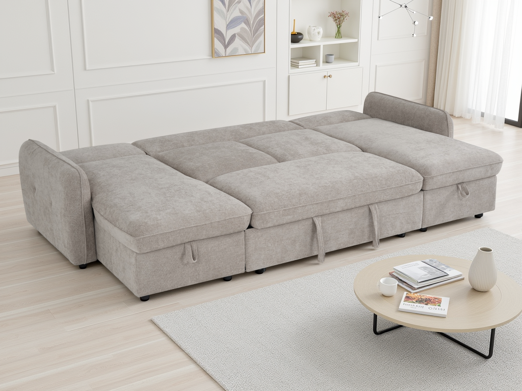 Beige sectional sofa in a living room setting with a coffee table and decor items.