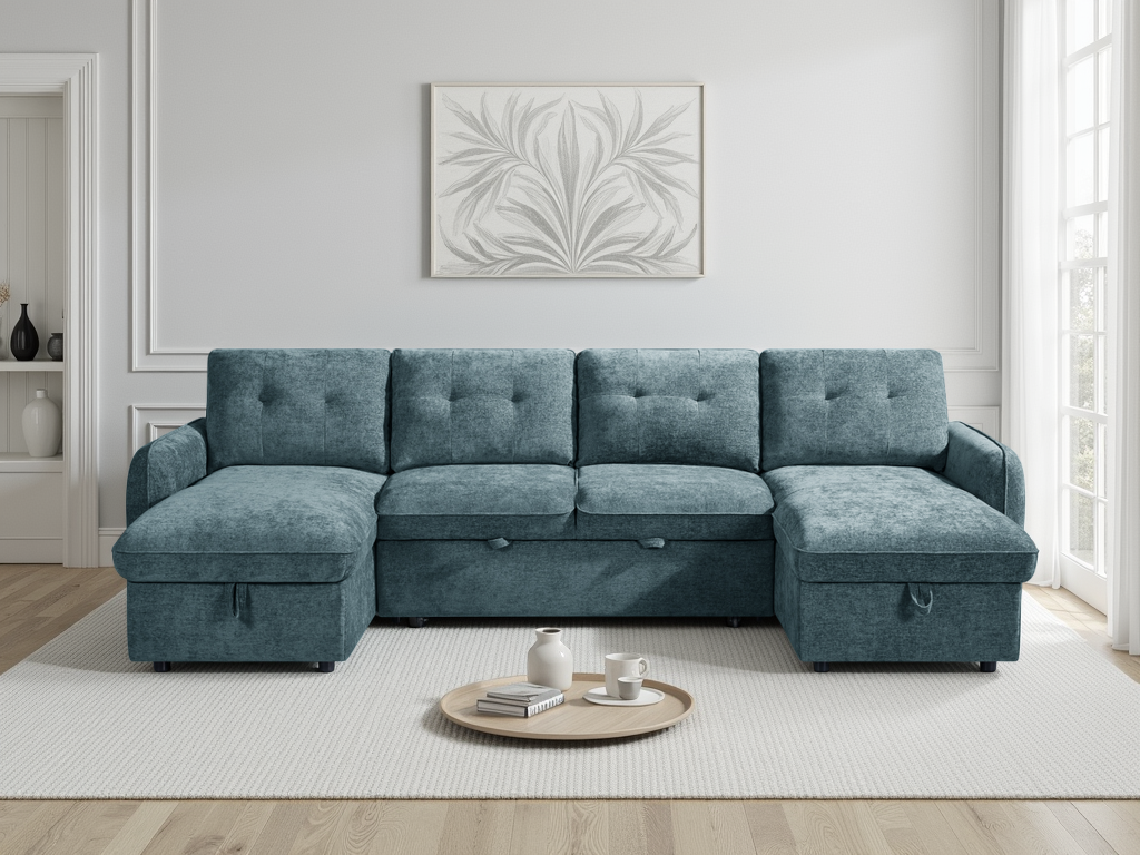 Blue sectional sofa in a living room with a coffee table and decorative items.