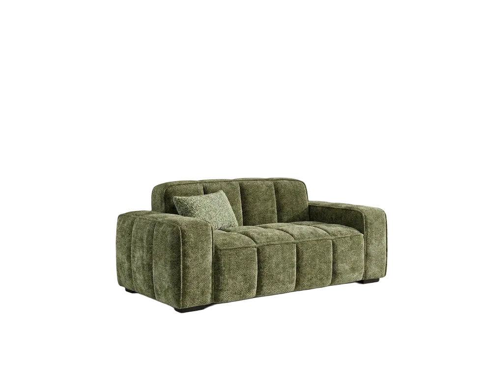 A modern two-seater sofa upholstered in textured olive green fabric, featuring a tufted backrest and armrests, with a matching green throw pillow, shown against a plain white background.
