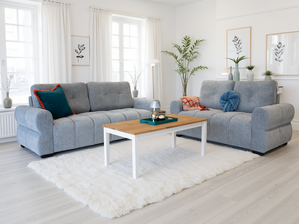 Modern living room with gray sectional sofa, wooden coffee table, and decorative elements.