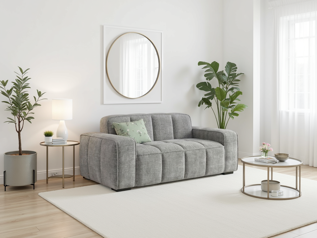 Gray sofa in a living room with plants and a mirror on the wall.