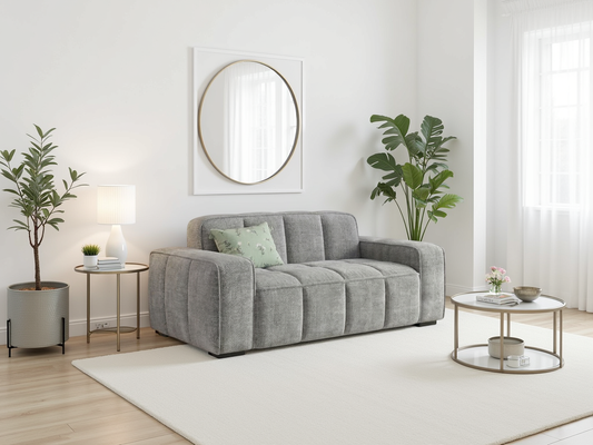 Gray sofa in a living room with plants and a mirror on the wall.