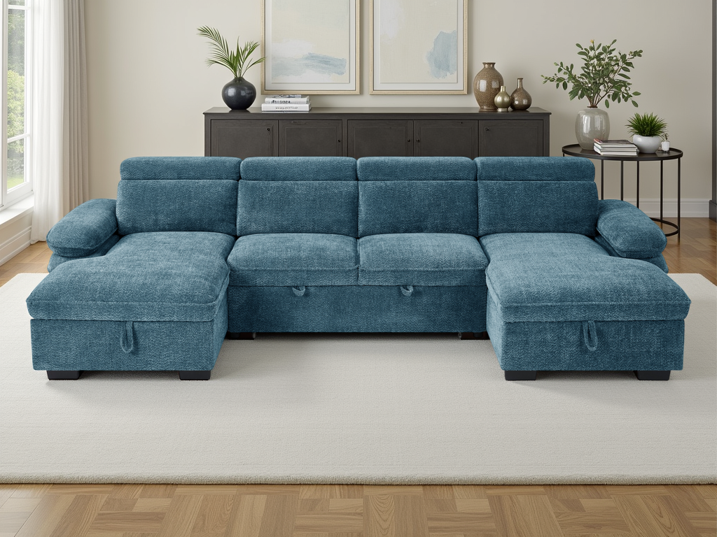 Blue sectional sofa in a living room setting with decor elements.