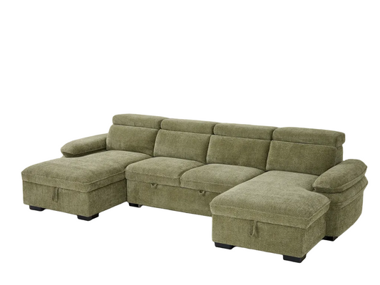 An olive green sofa with a left-facing chaise and a right-facing ottoman, shown against a plain white background.