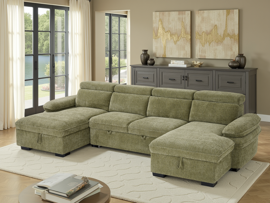 Green sectional sofa in a living room setting with decor elements.