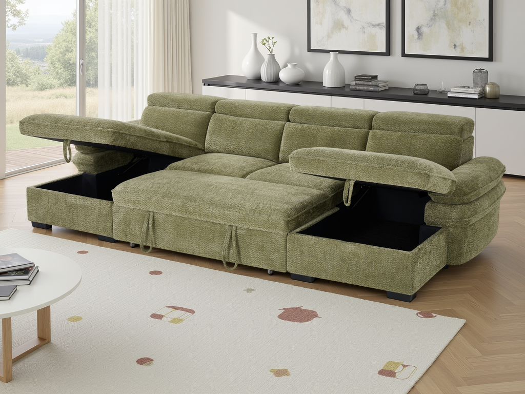 Green sectional sofa with storage compartments in a living room setting.
