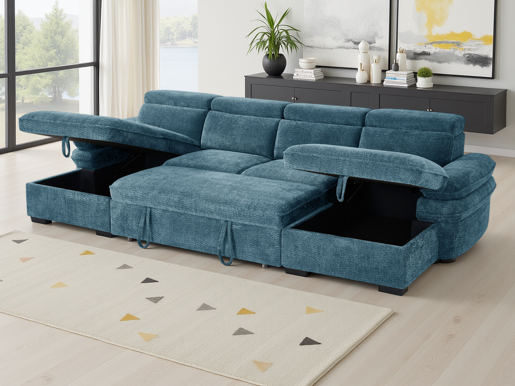 Blue sectional sofa with storage compartments in a living room setting.