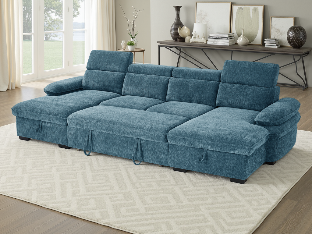 Blue sectional sofa in a living room setting with a rug and window.