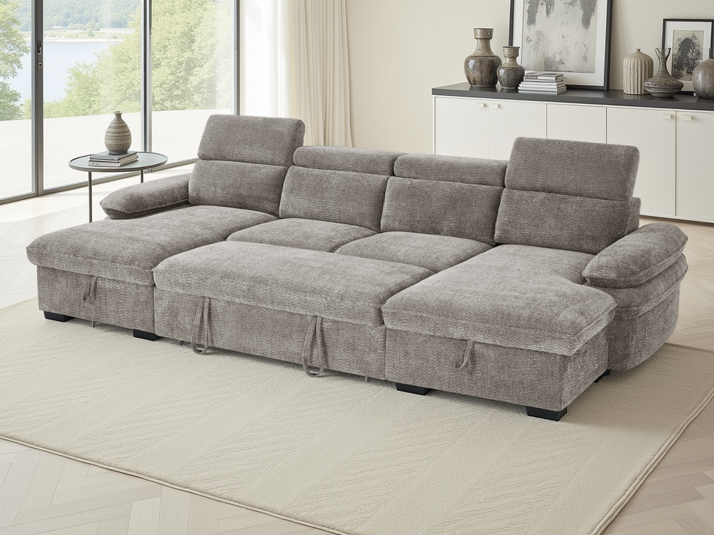 Gray sectional sofa in a living room setting with decor elements.