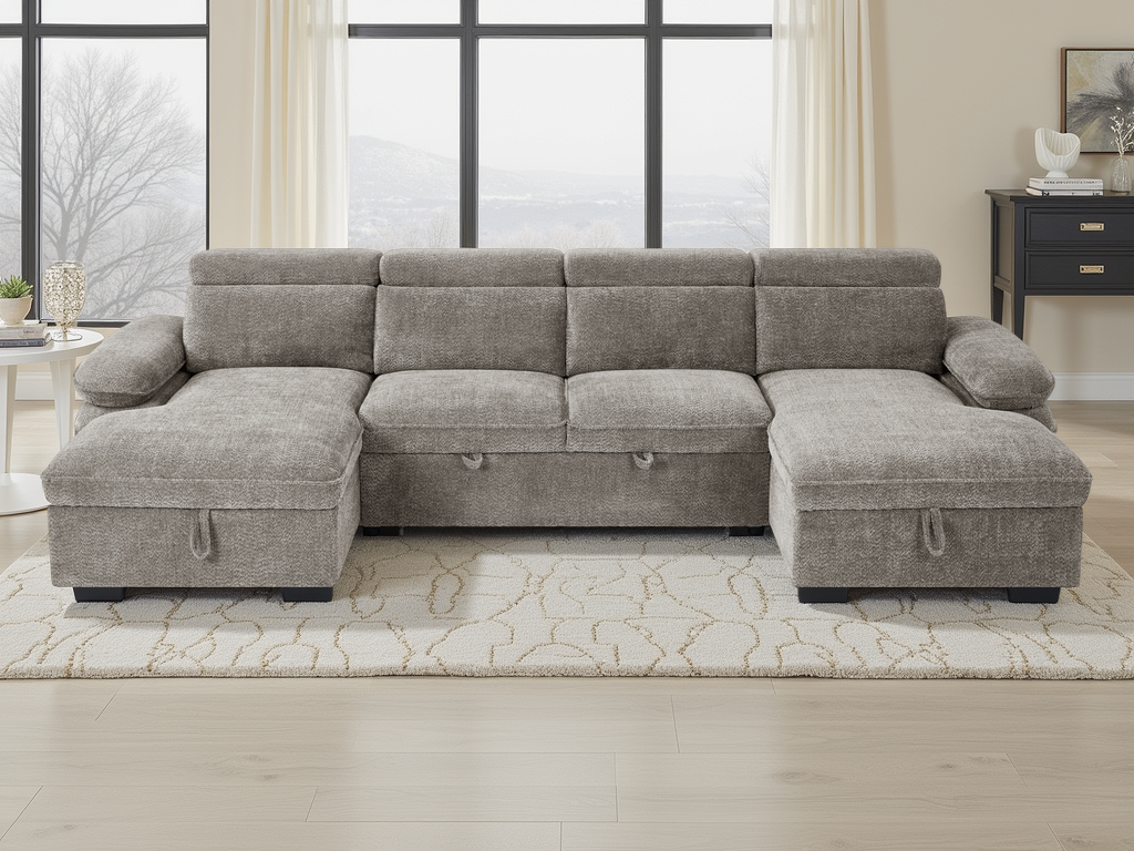 Gray sectional sofa in a living room setting with large windows.
