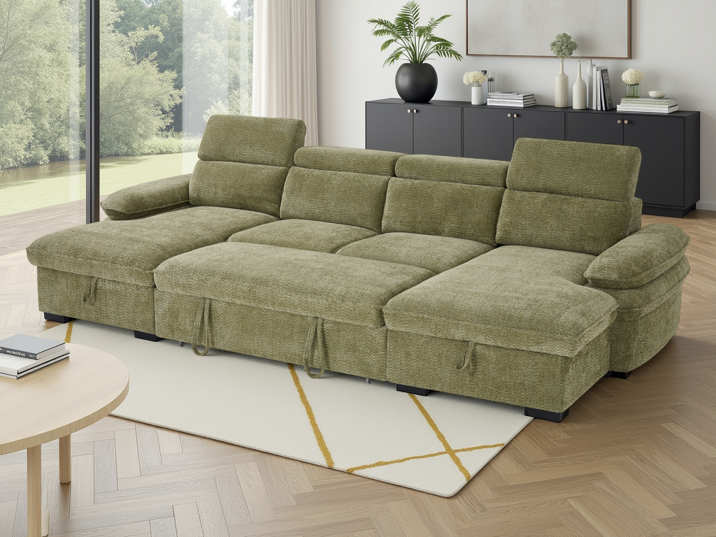 Green sectional sofa in a living room with a rug and coffee table.