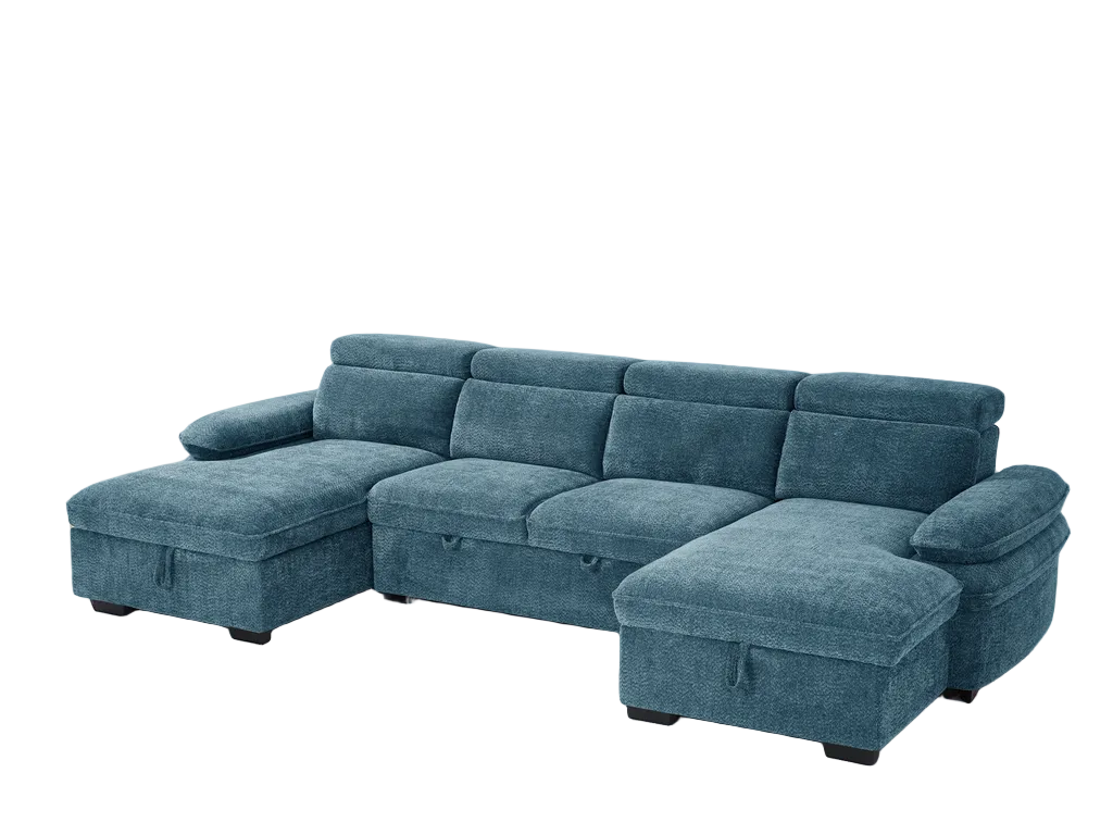 Hudson blue U-shaped corner sofa bed with dual chaise sections and adjustable headrests